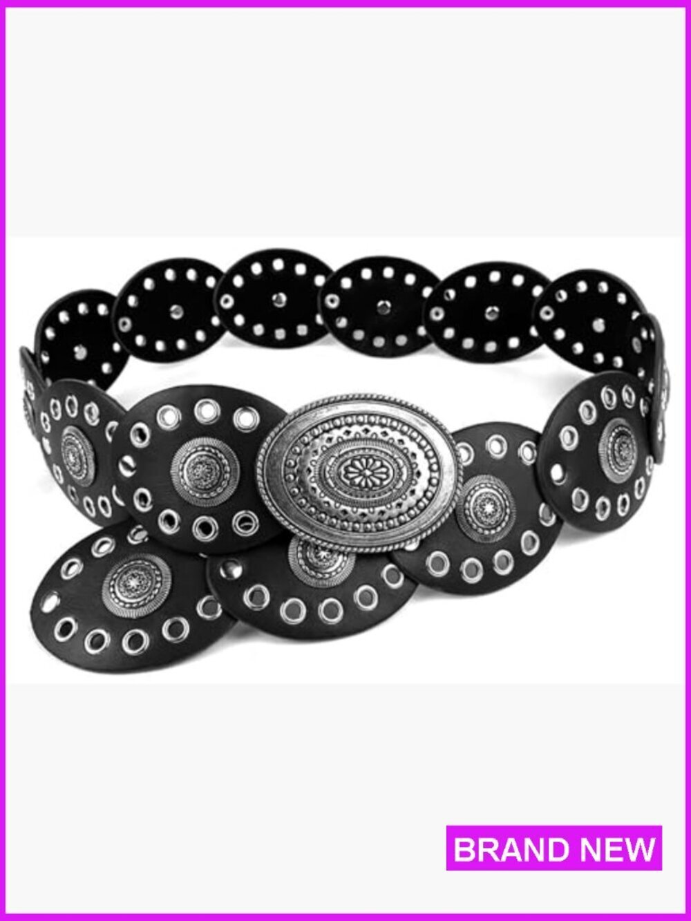 Western Vintage Boho Style PU Leather Wide Disc Belt Adjustable Waist - Picture 2 of 7